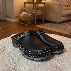 Simson Dutch wooden Clogs/Mules Women’s leather extra stitch  Black Size 37 NEW